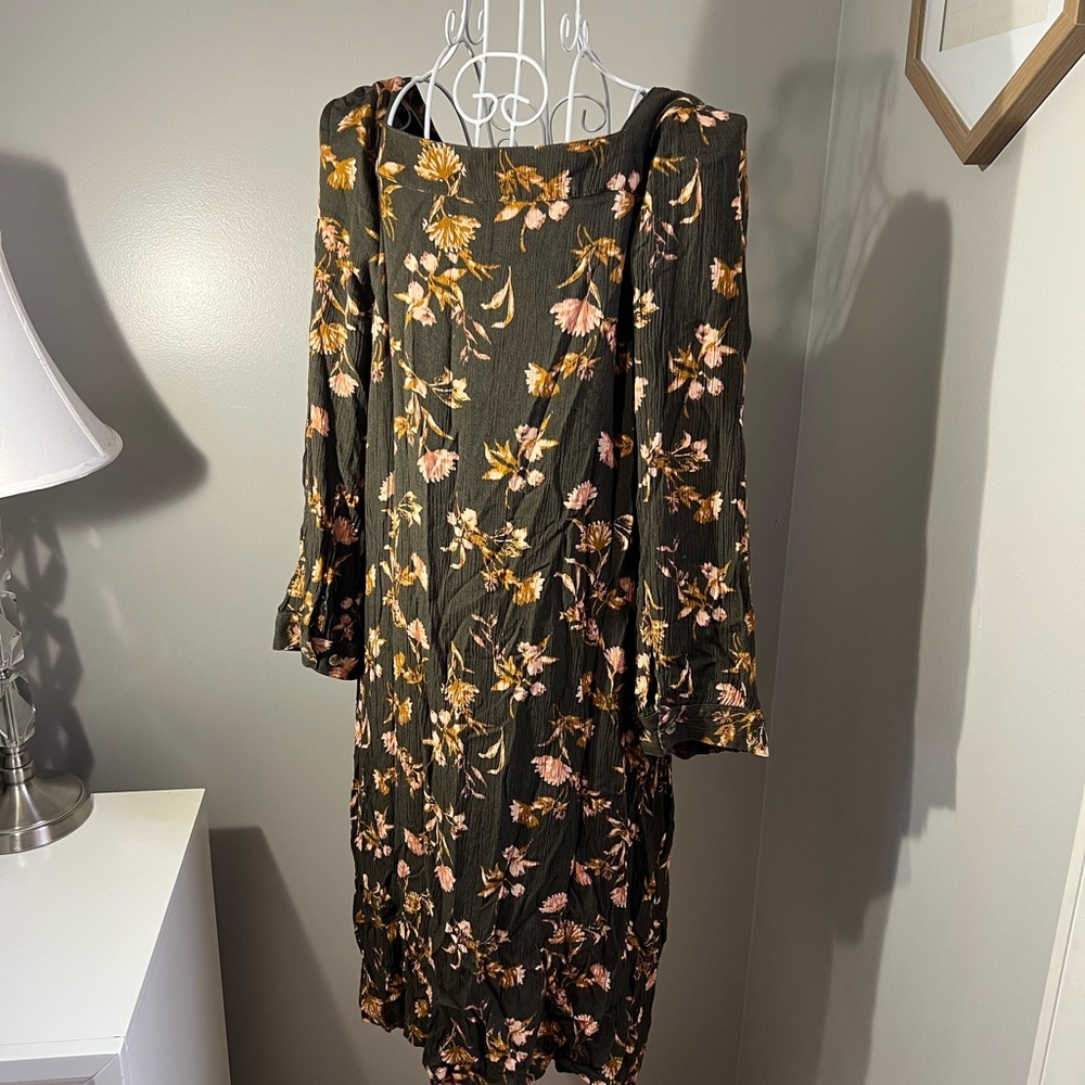 Garnet Hill Olive Green Floral Button Front Dress Size L Peasant Button Fall - Picture 4 of 4